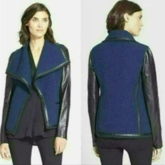 Vince Women's Size 6 Black Blue Leather & Wool Boucle Draped Collar Jacket - Picture 2 of 10